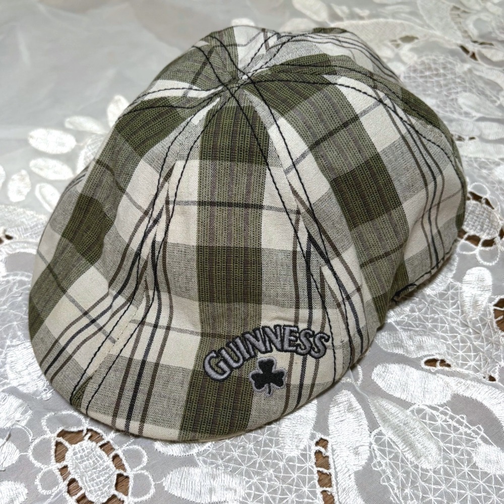 Y2K Guinness Green Plaid Flat Cap Cotton Ivy Driving Hat Shamrock Embroidered OS